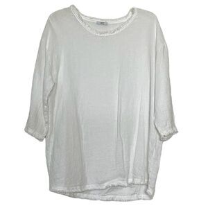 Kaktus Lagenlook Linen Tunic Fringe Tassel Trim White Top Made in Italy Medium